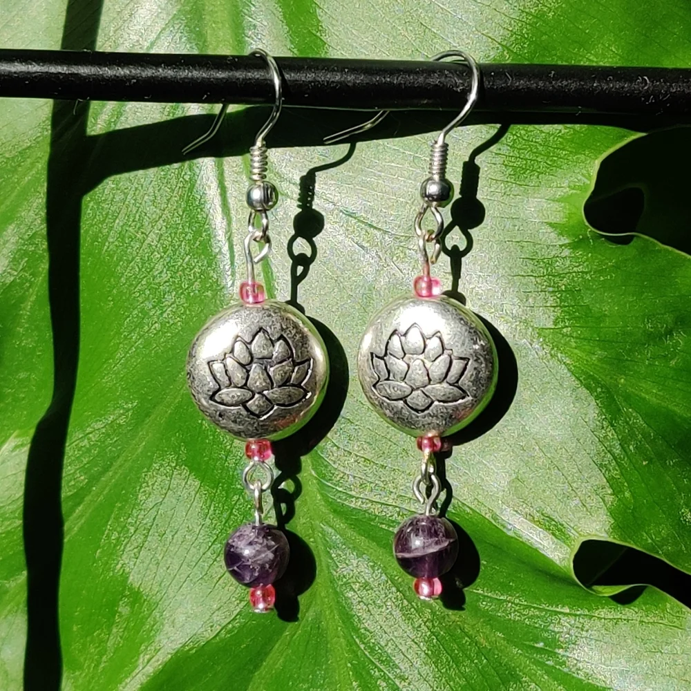 Amethyst & Lotus Bead Handcrafted Earrings - Picture 2 of 4